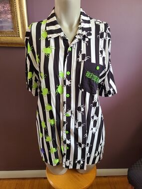 Beetlejuice Black & White Stripe Button-Up Shirt